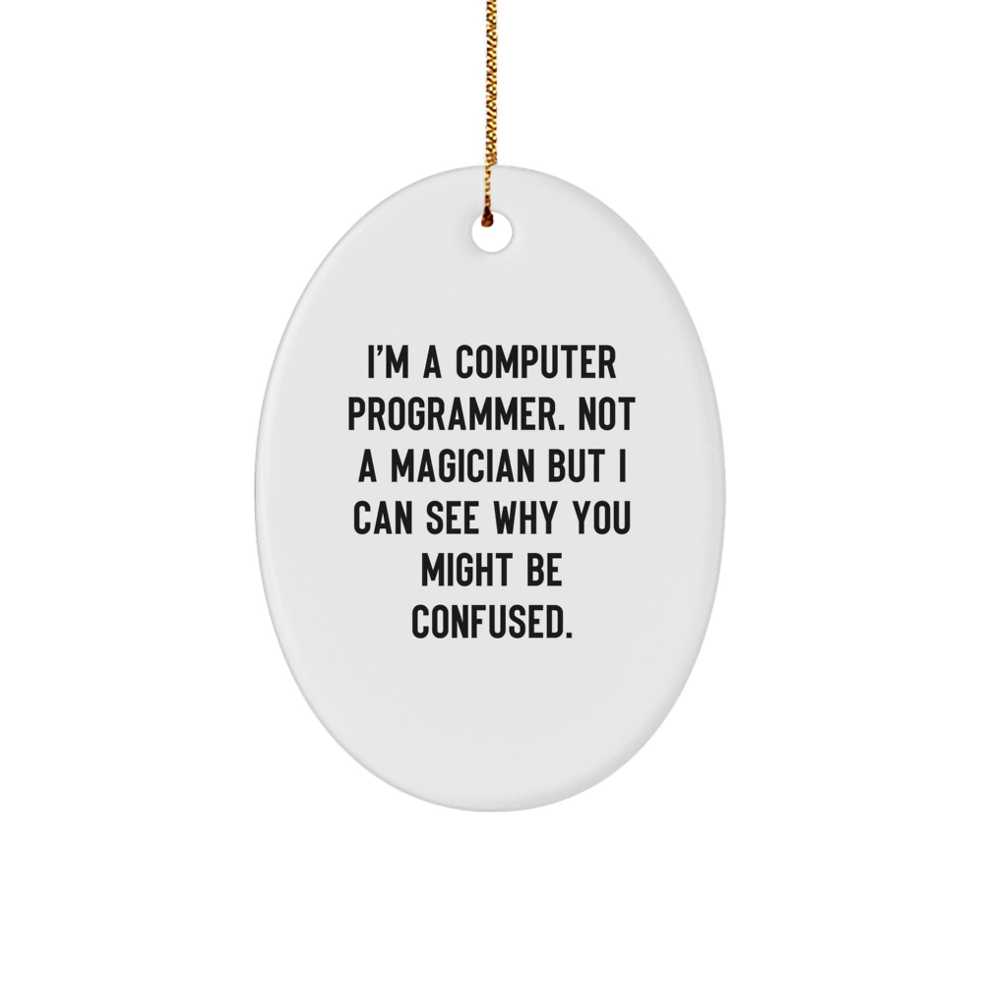 Fun Computer Programmer Oval Ornament Gifts from Friends for Christmas, 'I'm A Computer Programmer. Not A Magician But I Can See Why You Might Be Confused.' - Image 1