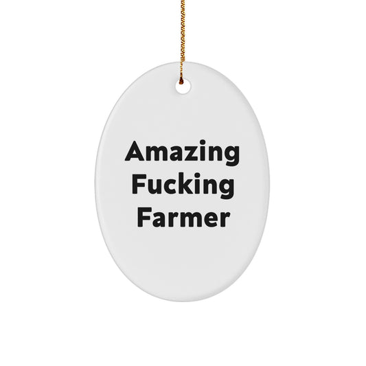 Farmer Gifts from Friends, Funny Oval Ornament for Christmas, 'Amazing F--king Farmer' Quote - Image 1