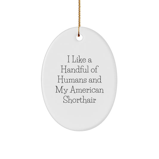 American Shorthair Cat Lover Gifts from Friends for Christmas, Oval Ornament with 'I Like A Handful Of Humans And My American Shorthair', Funny Quote - Image 1