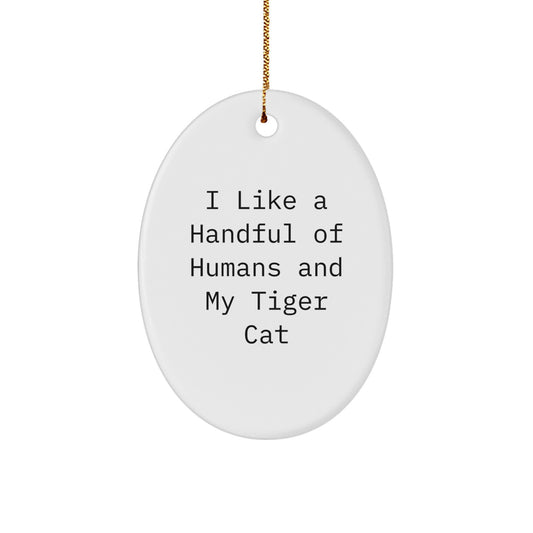 Funny Tiger Cat Gifts from Friends for Christmas - I Like A Handful Of Humans And My Tiger Cat Oval Ornament - Image 1