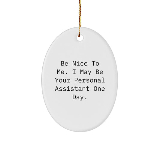 Funny Personal Assistant Gifts for Christmas, 'Be Nice To Me' Oval Ornament from Friends, Coworkers, Family, Gifts for Personal Assistants - Image 1