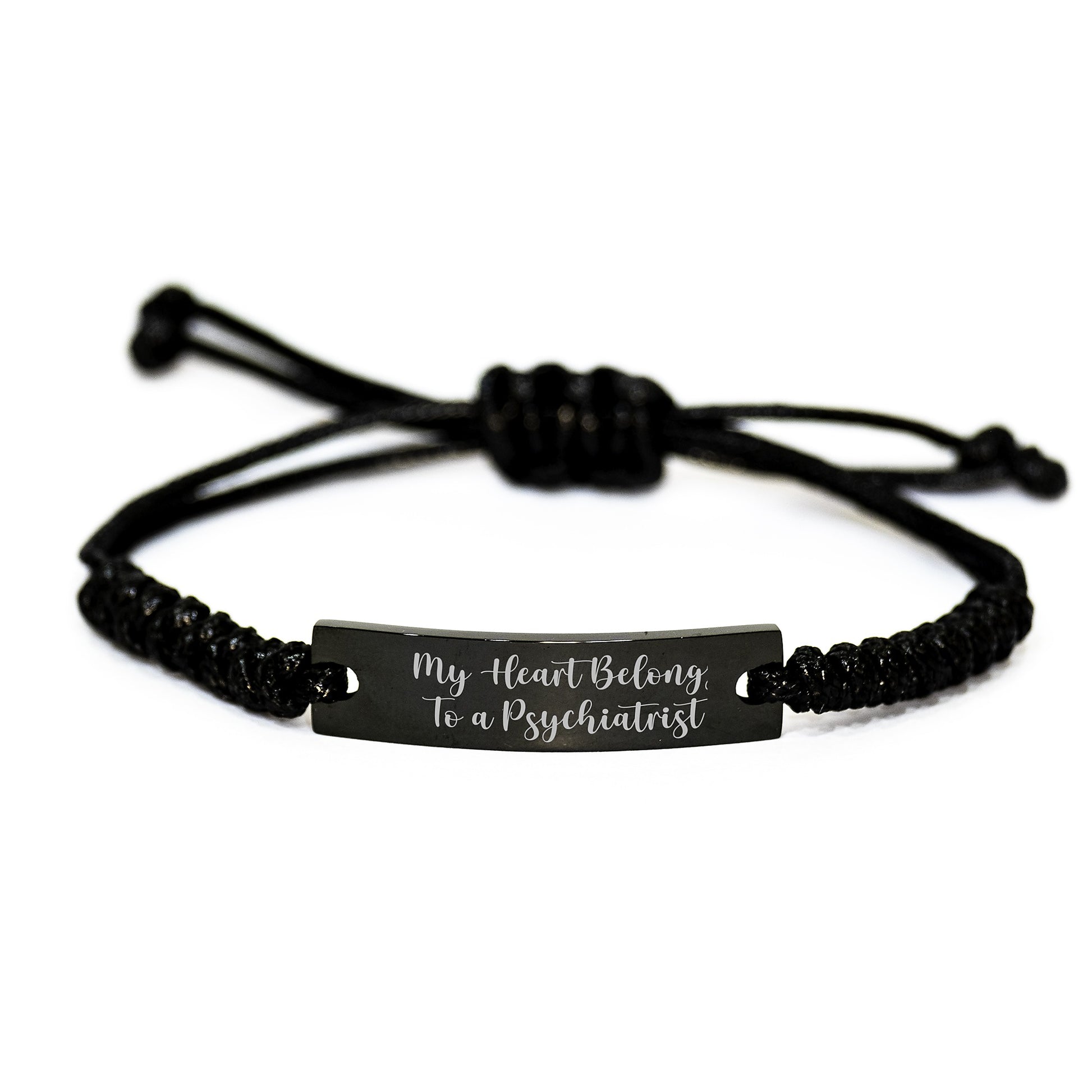 Funny Quote Gift for Psychiatrist, 'My Heart Belongs To A Psychiatrist' Black Rope Adjustable Bracelet from Friends, Unique Graduation Gifts for Men or Women - Image 1