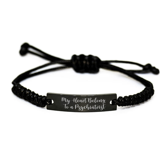 Funny Quote Gift for Psychiatrist, 'My Heart Belongs To A Psychiatrist' Black Rope Adjustable Bracelet from Friends, Unique Graduation Gifts for Men or Women - Image 1