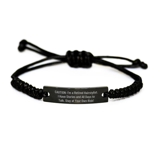 Funny Hairstylist Gifts for Birthday: 'Caution: I'm A Retired Hairstylist...' Rope Bracelet from Friends, Gifts for Hairstylist, Birthday Unique Present - Image 1