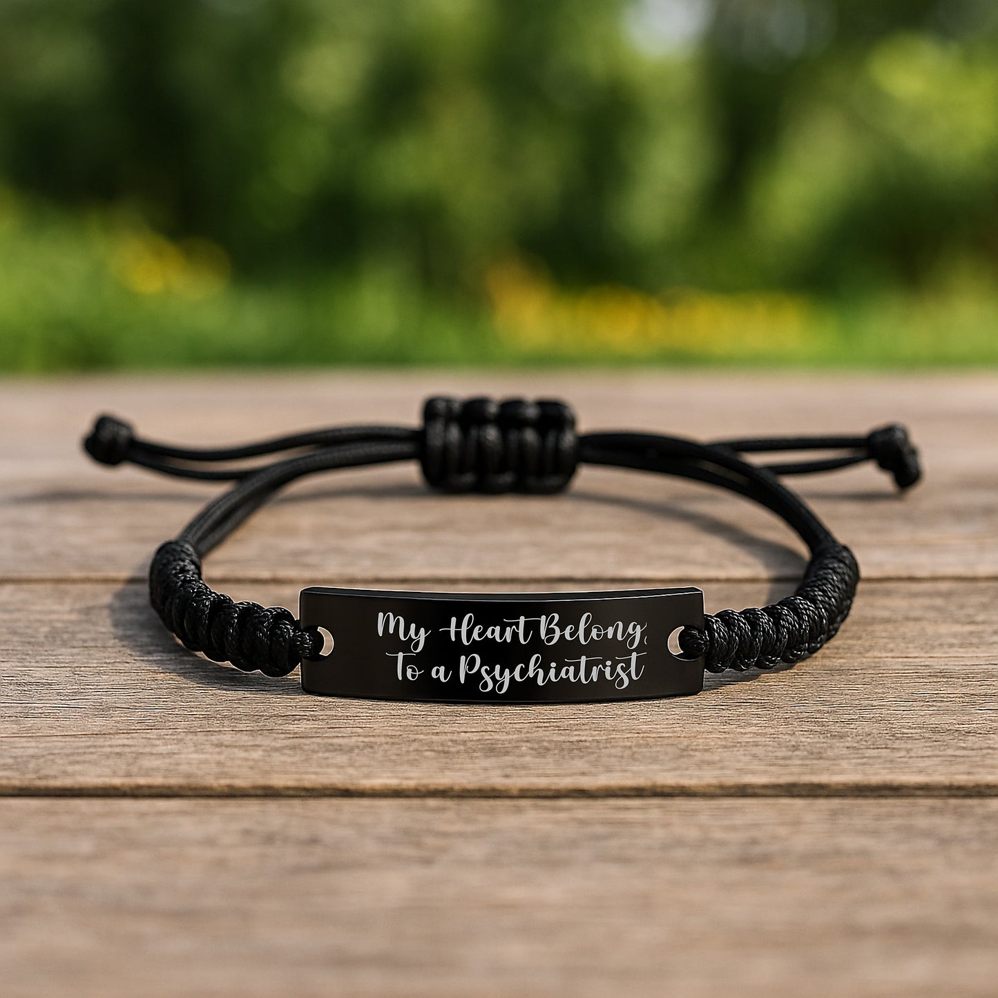 Funny Quote Gift for Psychiatrist, 'My Heart Belongs To A Psychiatrist' Black Rope Adjustable Bracelet from Friends, Unique Graduation Gifts for Men or Women - Image 2