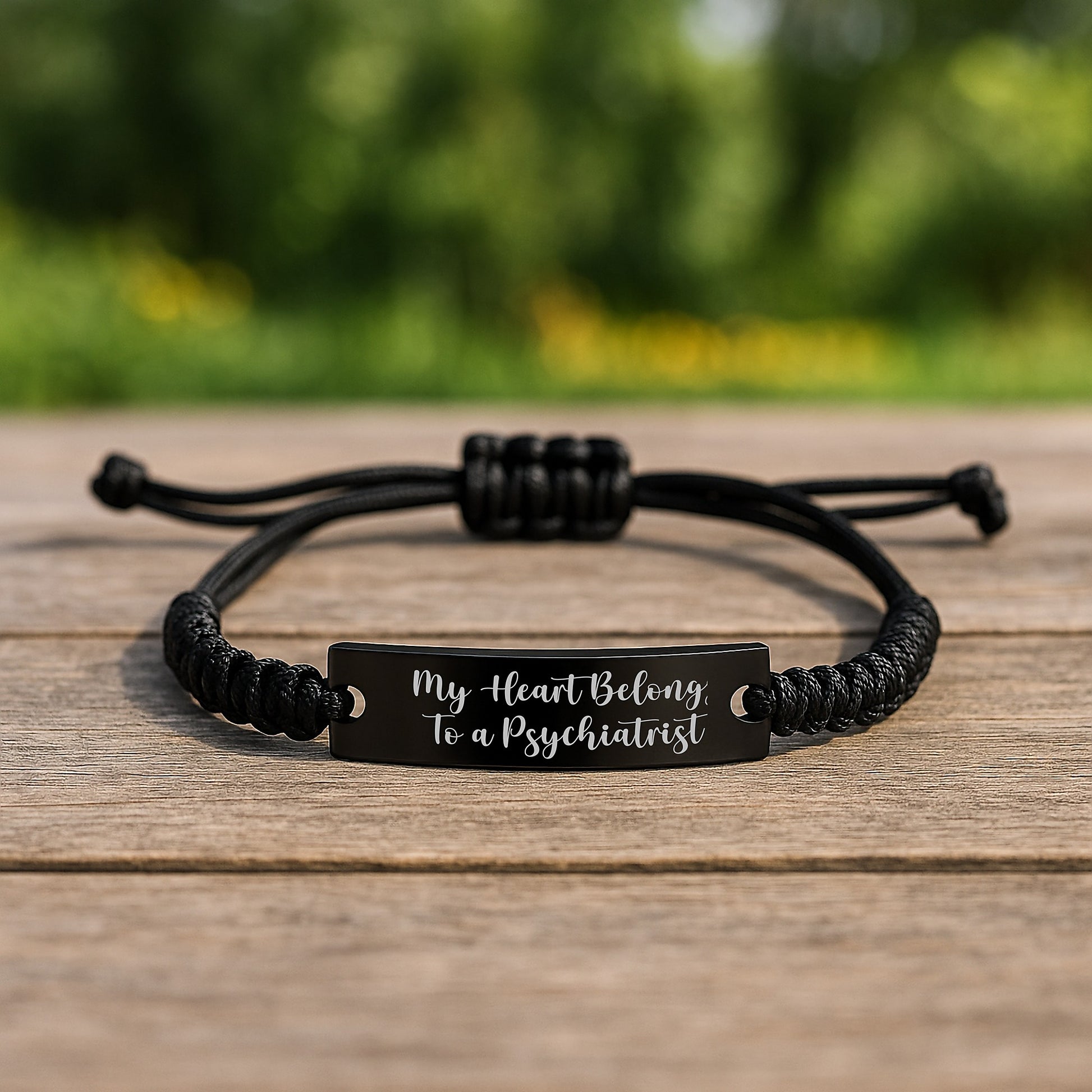 Funny Quote Gift for Psychiatrist, 'My Heart Belongs To A Psychiatrist' Black Rope Adjustable Bracelet from Friends, Unique Graduation Gifts for Men or Women - Image 2