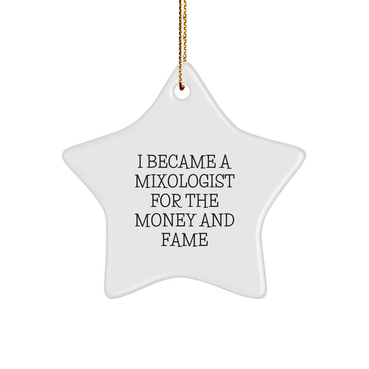 Mixologist Gifts from Friends, Star Ornament for Christmas, I Became A Mixologist For The Money And Fame, Funny Quote, Star Shaped Gift for Mixologist - Image 1