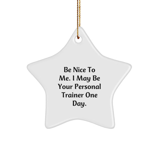 Funny Personal Trainer Gifts from Friends - 'Be Nice To Me. I May Be Your Personal Trainer One Day.' Star Ornament for Christmas - Image 1