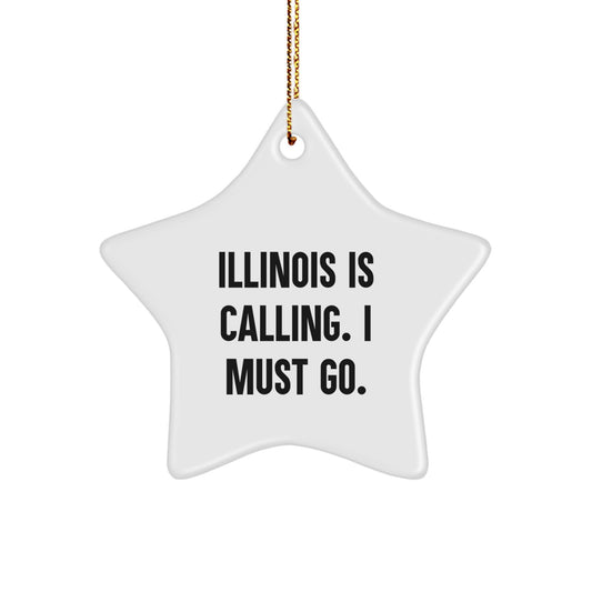 Illinois Star Ornament, 'Illinois Is Calling. I Must Go.' Funny Quote, White Star Shaped, Gifts from Friends, Family, and Coworkers, Perfect for Illinois Enthusiasts, Christmas Unique Gifts - Image 1